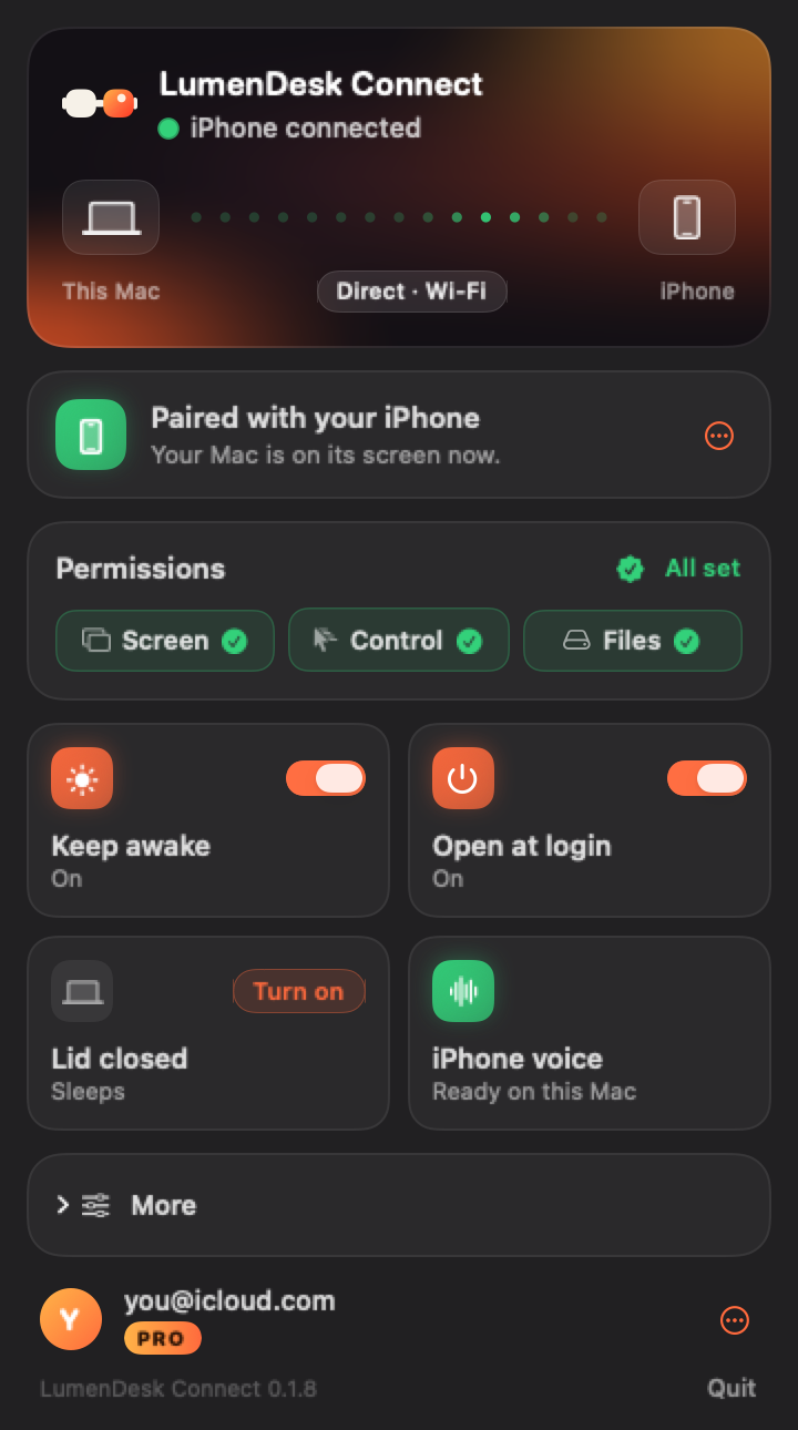 LumenDesk Connect's menu-bar panel on macOS: iPhone connected over Wi-Fi, pairing, permissions, keep-awake, open at login, lid-closed mode and the iPhone voice
